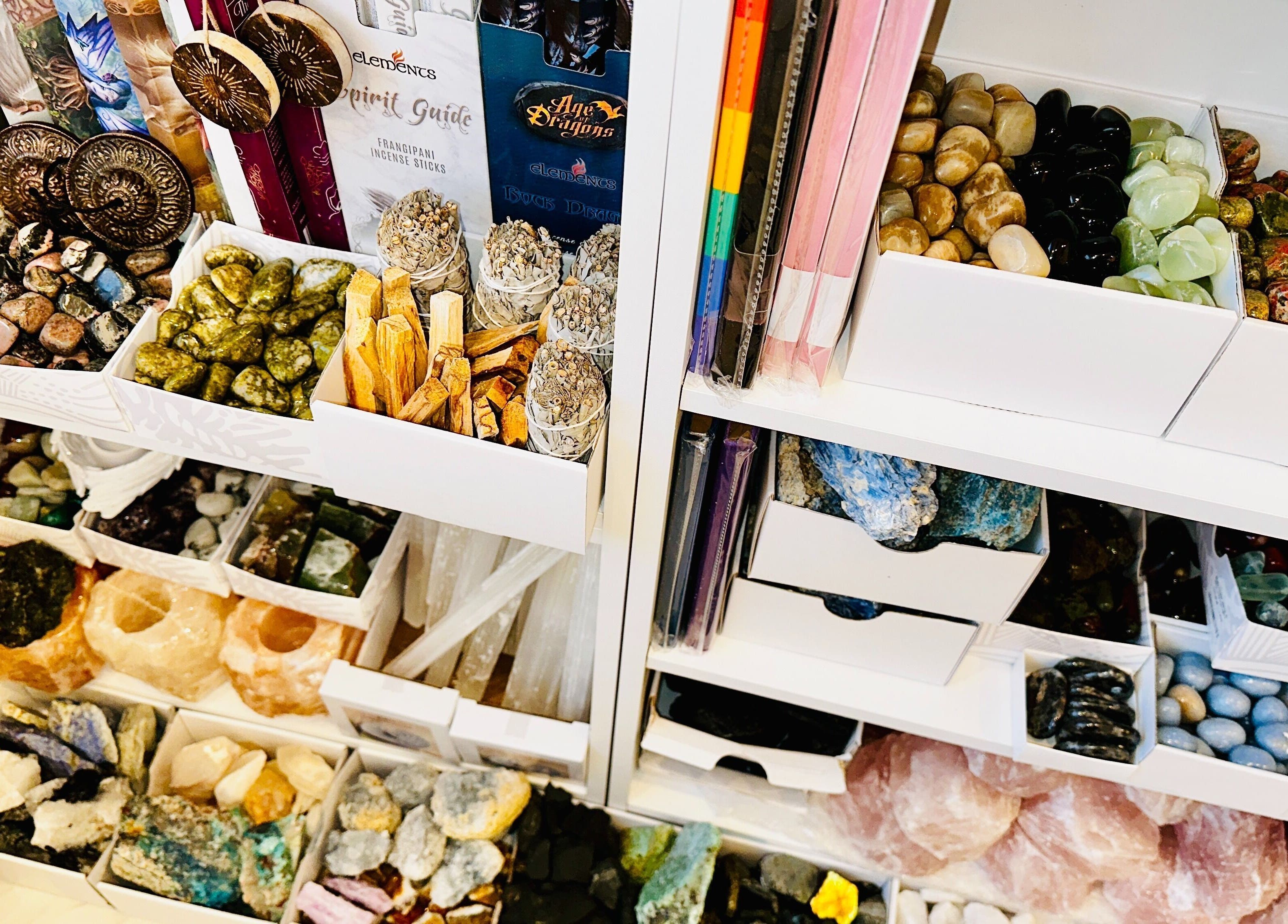 Seek Within's crystal collection display, featuring diverse stones and incense in Walsall, England, GB.
