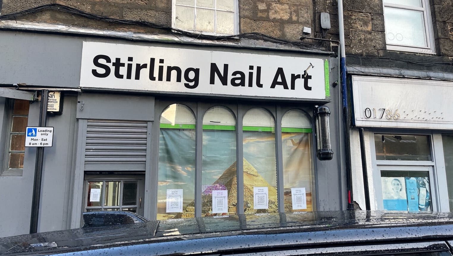 Exterior view of Stirling Nail Art in Stirling, Scotland, GB showcasing its stylish storefront.