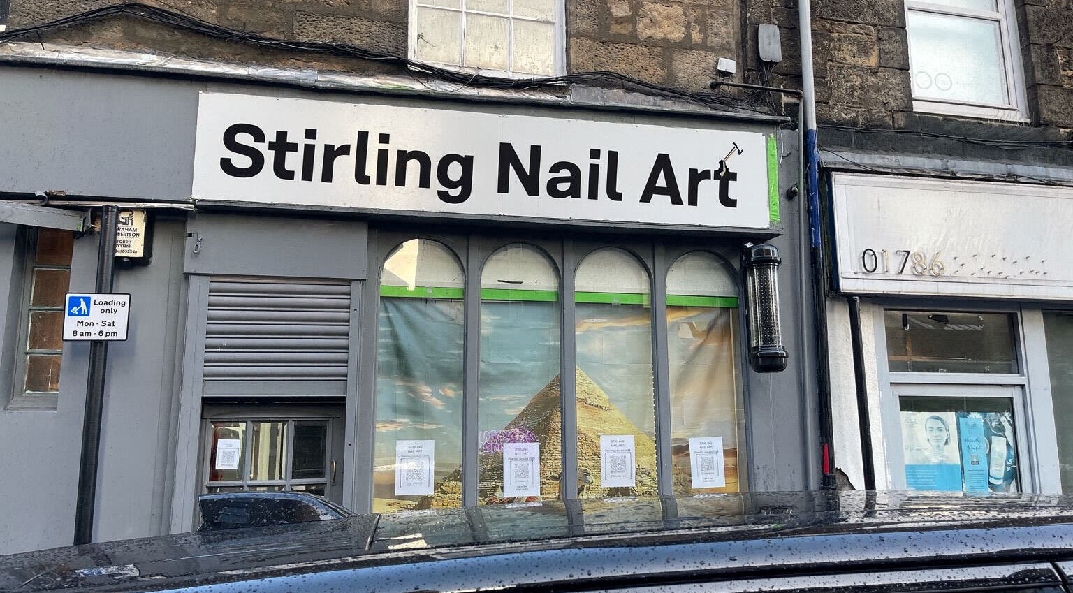 Exterior view of Stirling Nail Art in Stirling, Scotland, GB showcasing its stylish storefront.