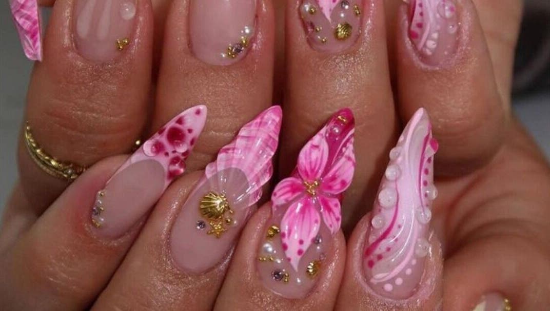 Pink floral and intricate nail art at Labelle Nails Studio, Durban, Kwazulu-natal, ZA.