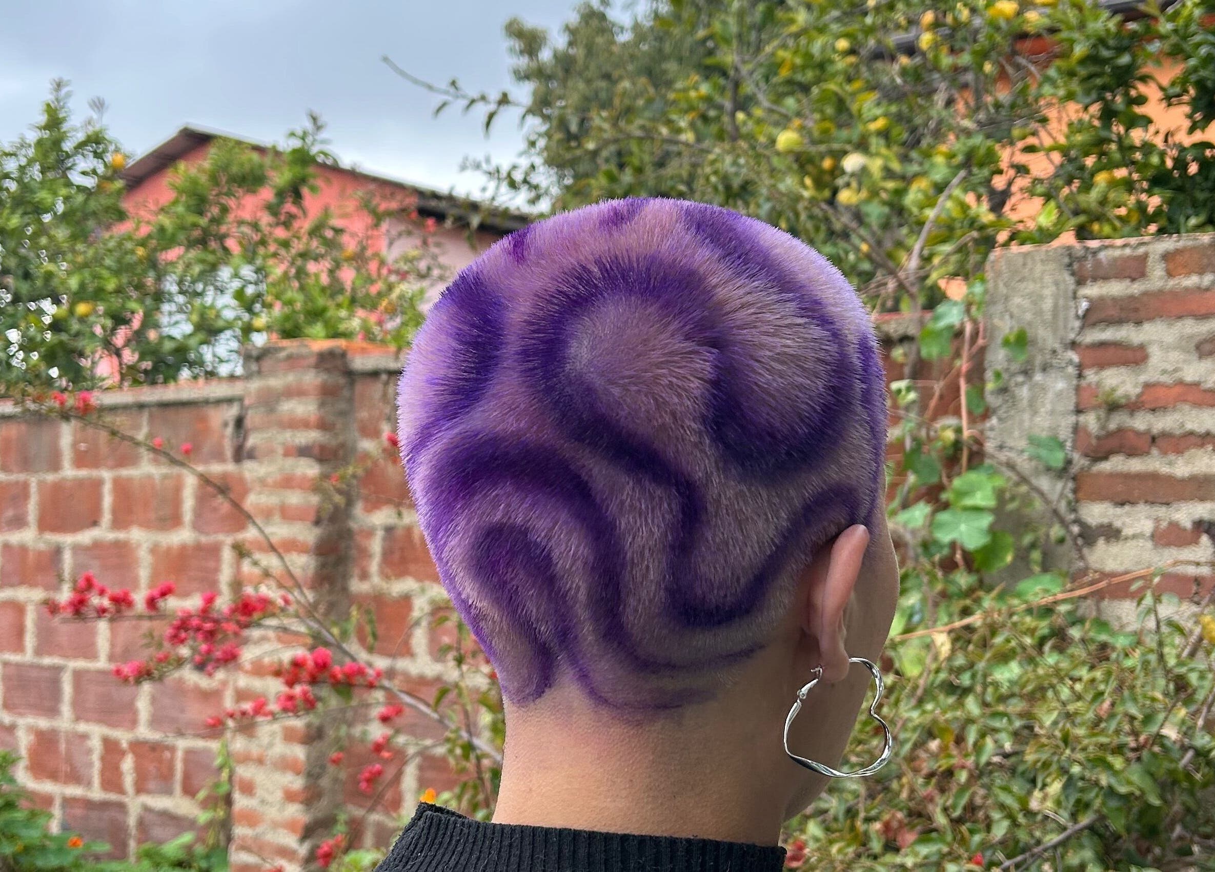 Unique violet swirl haircut at Indiscretx, Valparaíso, Valparaíso, CL, showcasing vibrant and creative style.