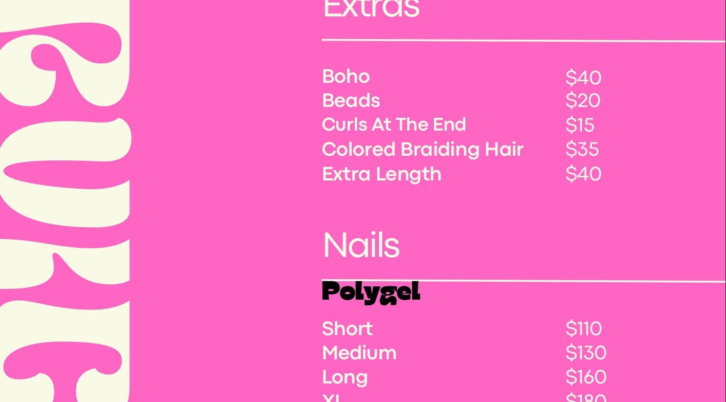 Pricing list for extras and nails at prettyby.default in Tunapuna/piarco Regional Corporation, TT.