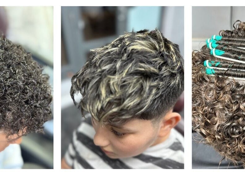 Diverse curly hairstyles at HE & SHE unisex salon, Bournemouth, England, GB, showcasing trendy hair techniques.