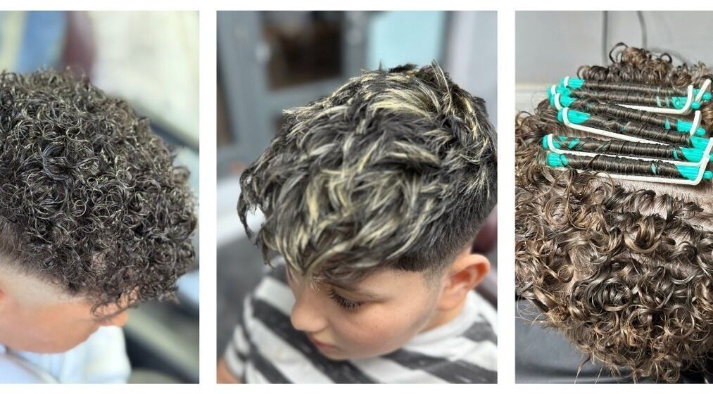 Diverse curly hairstyles at HE & SHE unisex salon, Bournemouth, England, GB, showcasing trendy hair techniques.