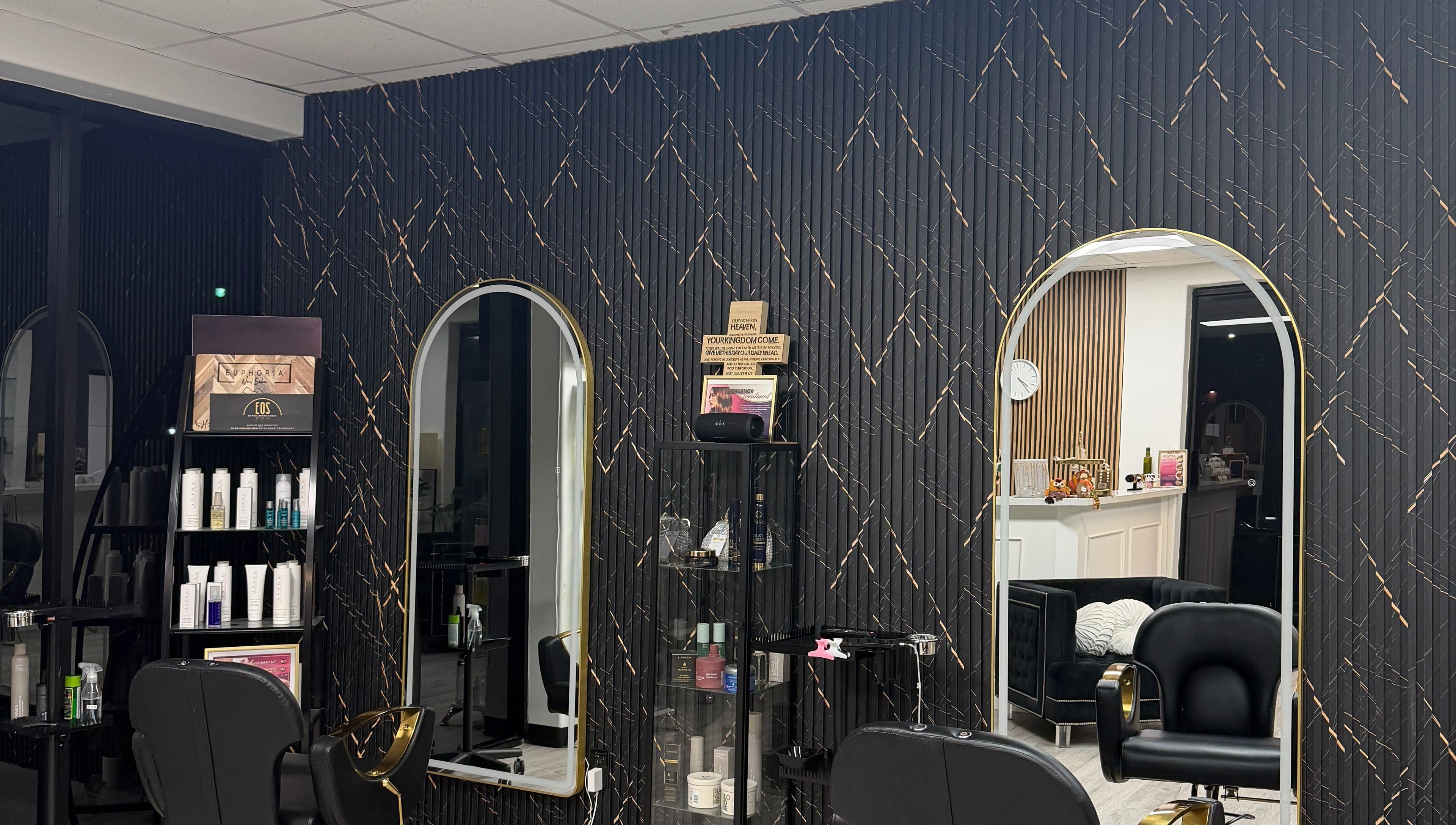 Euphoria Salon's stylish interior with chic mirrors in Mcallen, Texas, US, showcasing luxury and elegance.
