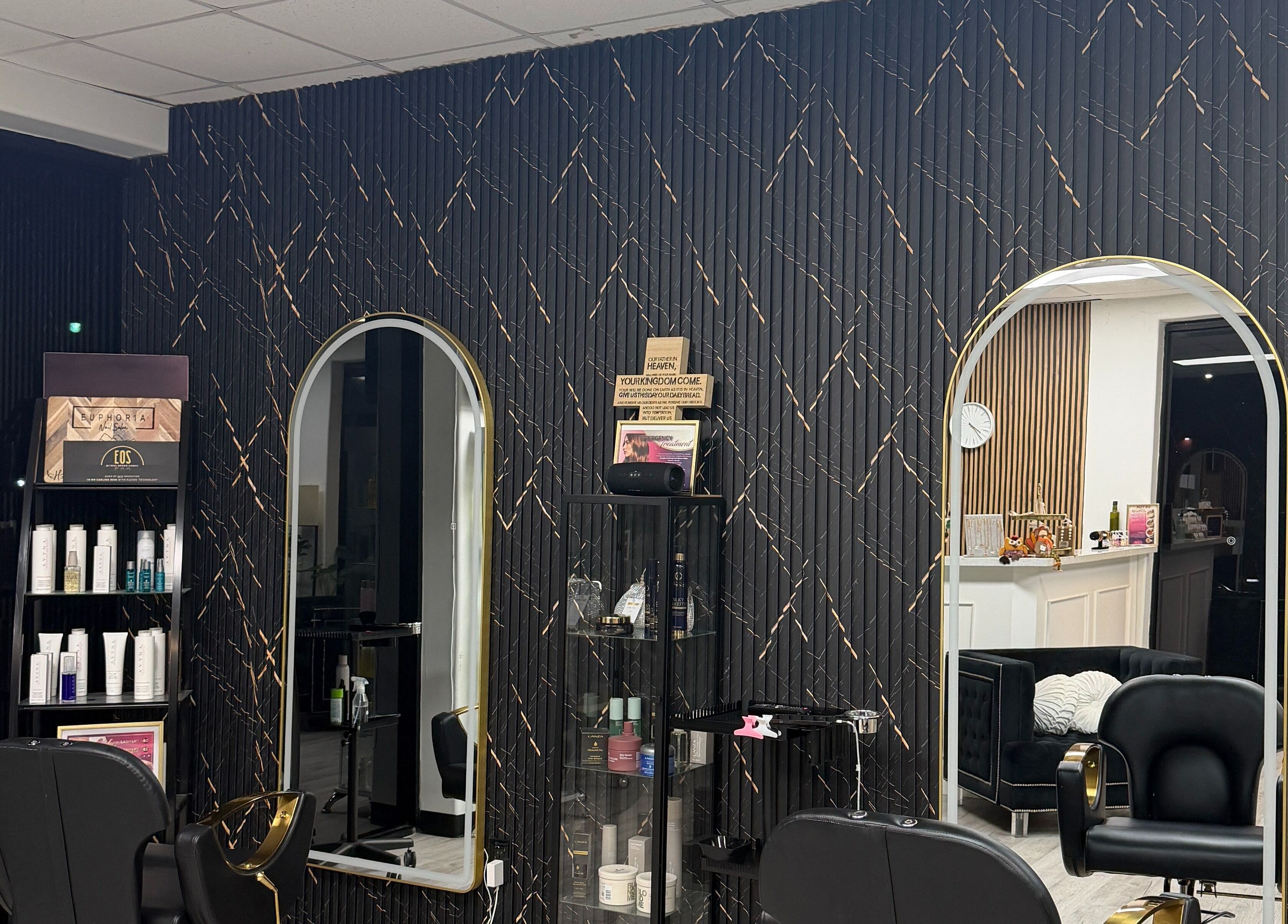 Euphoria Salon's stylish interior with chic mirrors in Mcallen, Texas, US, showcasing luxury and elegance.