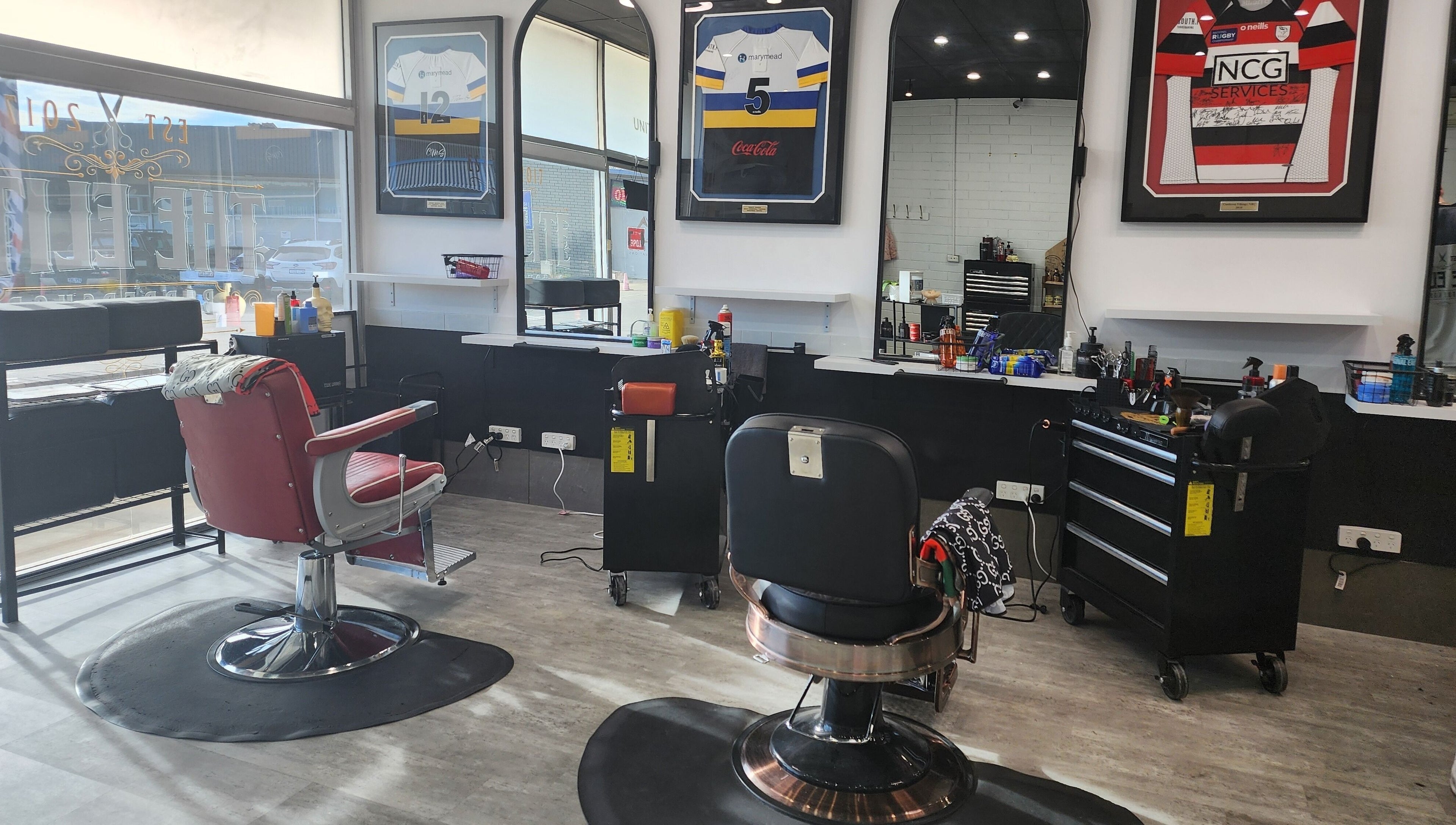 Modern barber chairs and equipment inside The Elite Barbershop in Fyshwick, Australian Capital Territory, AU.
