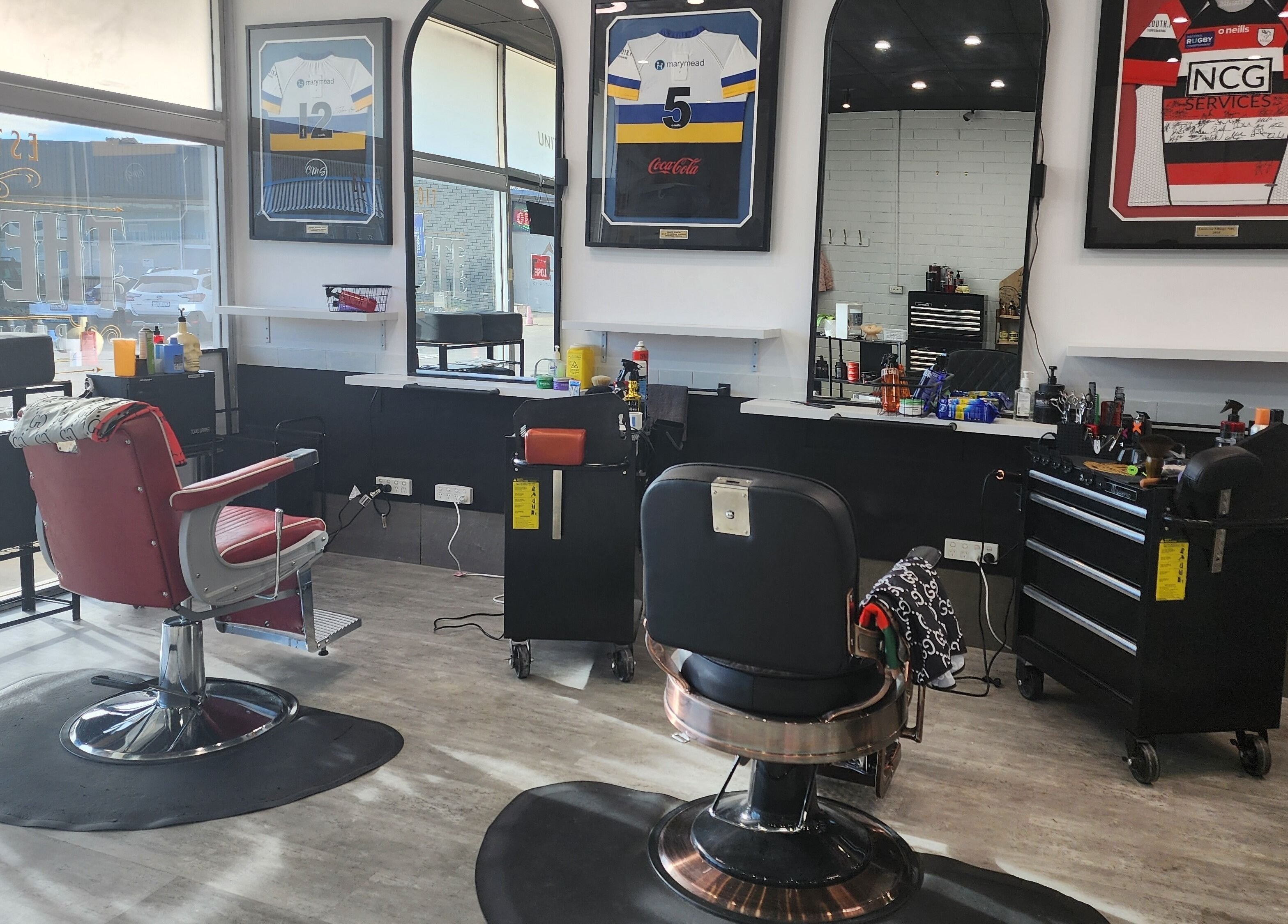 Modern barber chairs and equipment inside The Elite Barbershop in Fyshwick, Australian Capital Territory, AU.