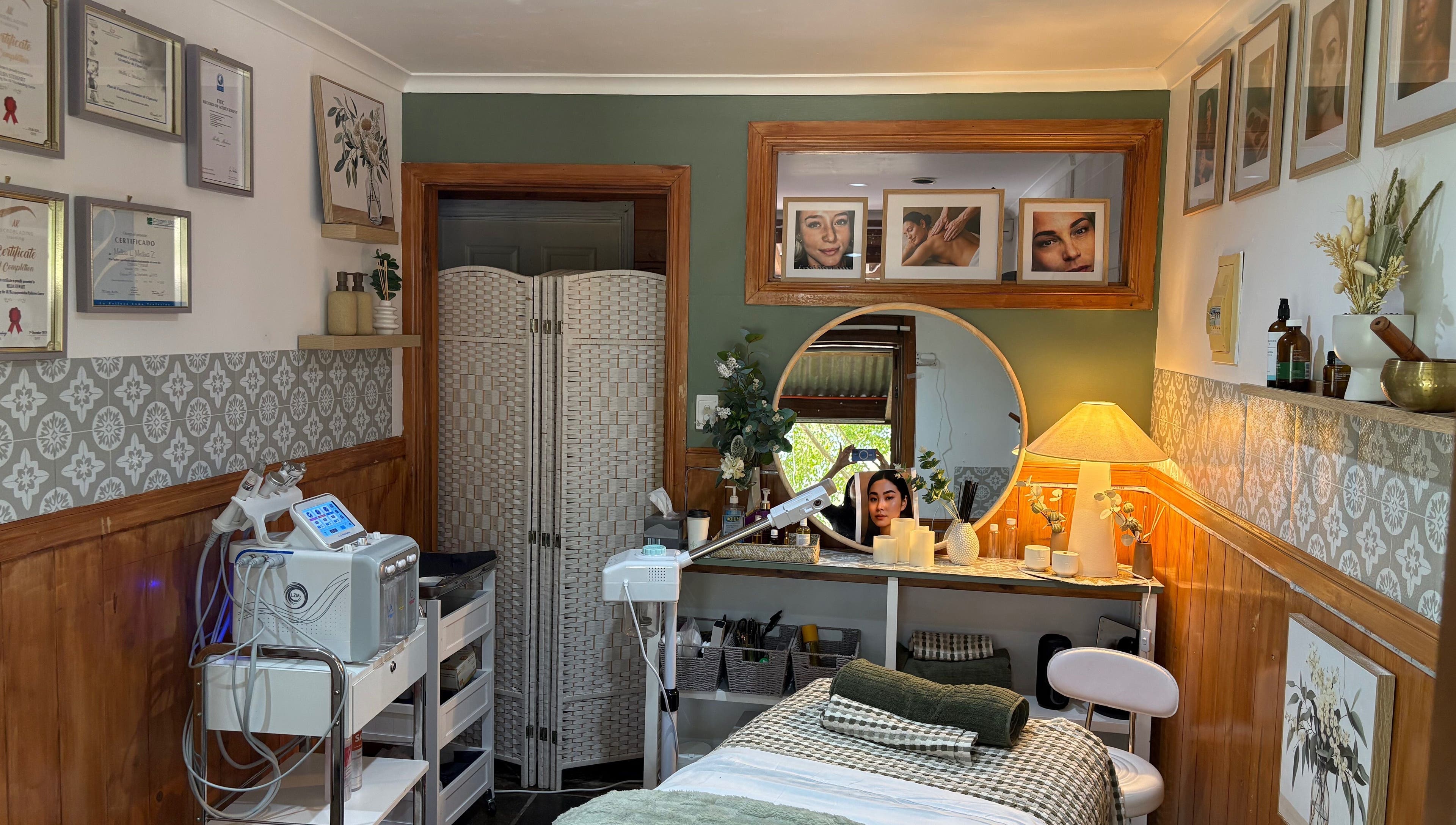 Chic interior of Melba Stewart Brows & Body in Eumundi, Queensland, AU with beauty equipment and serene décor.