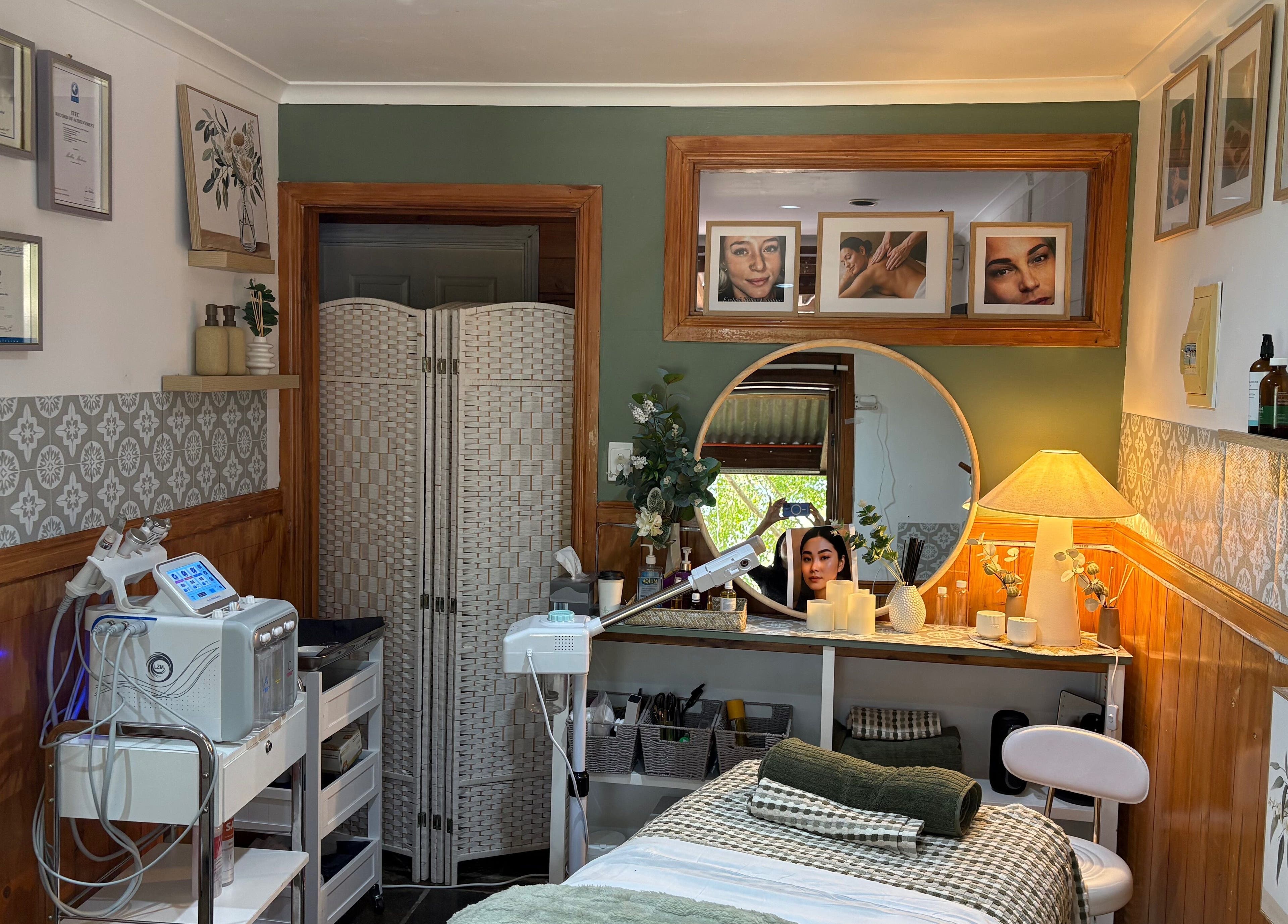 Chic interior of Melba Stewart Brows & Body in Eumundi, Queensland, AU with beauty equipment and serene décor.