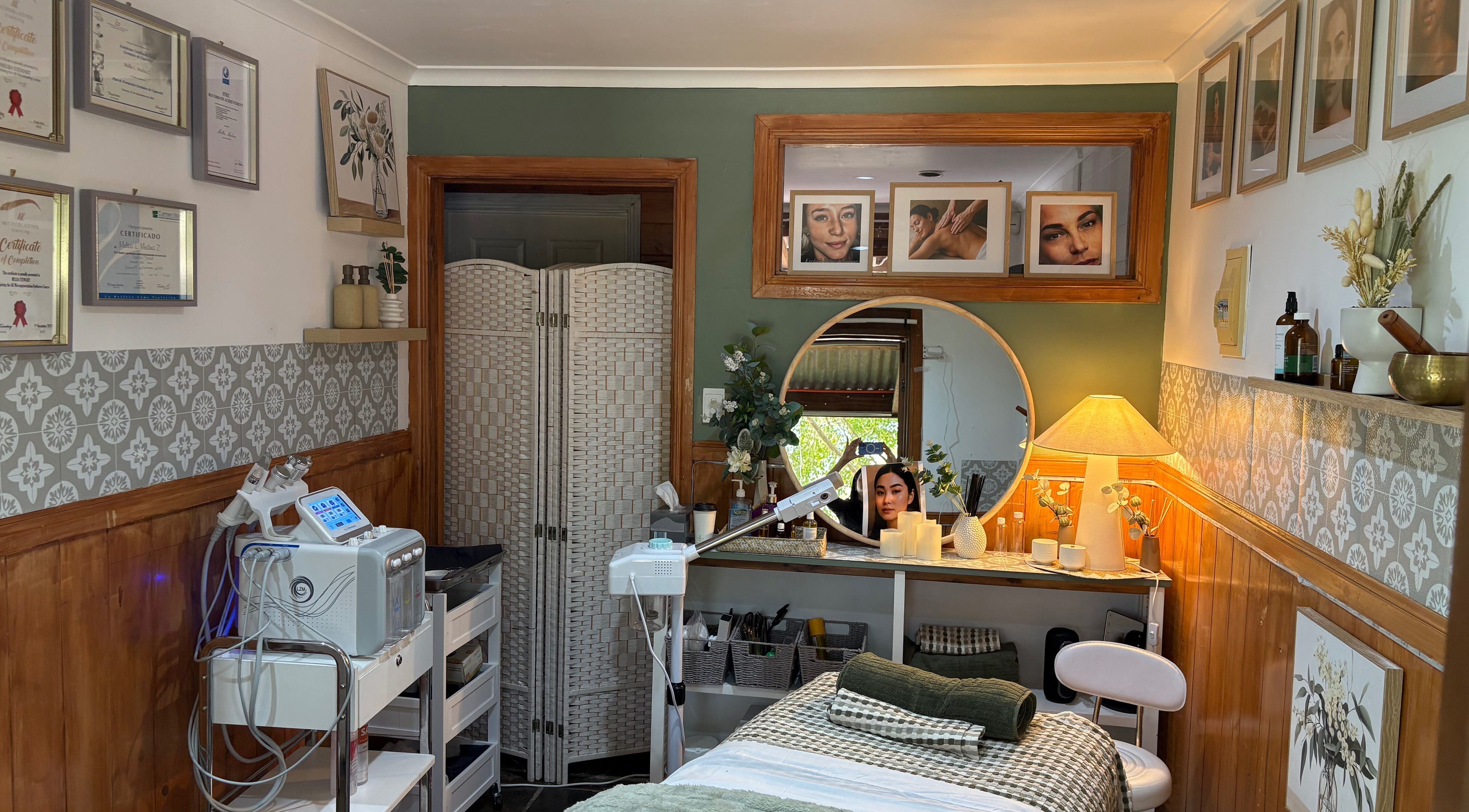 Chic interior of Melba Stewart Brows & Body in Eumundi, Queensland, AU with beauty equipment and serene décor.