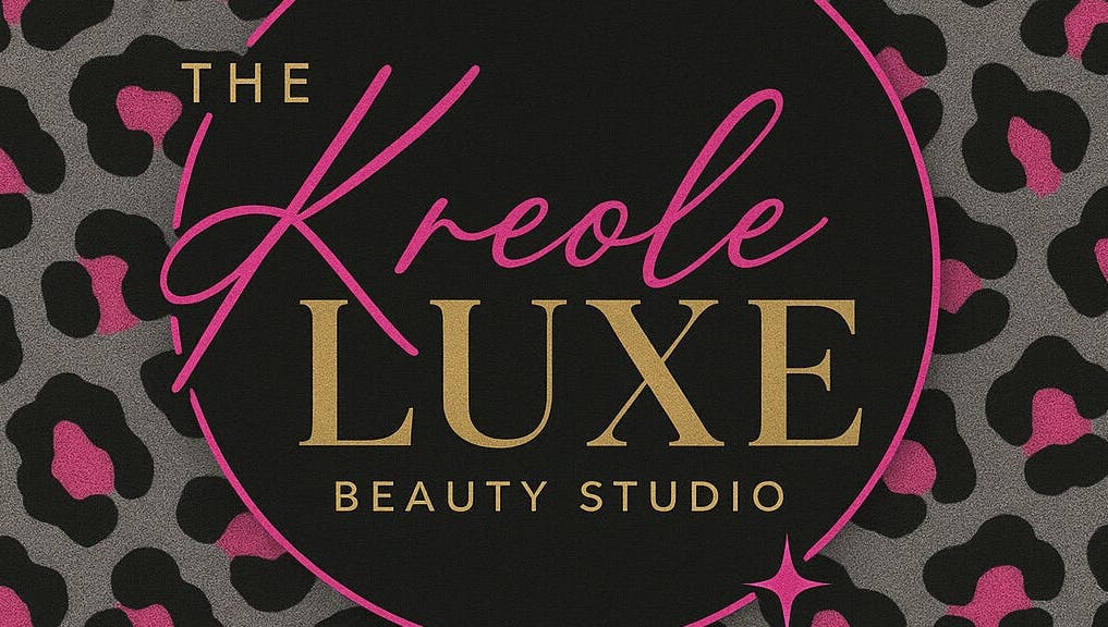 Kreole Luxe Beauty Studio logo with pink and gold on leopard print, Houston, Texas, US.