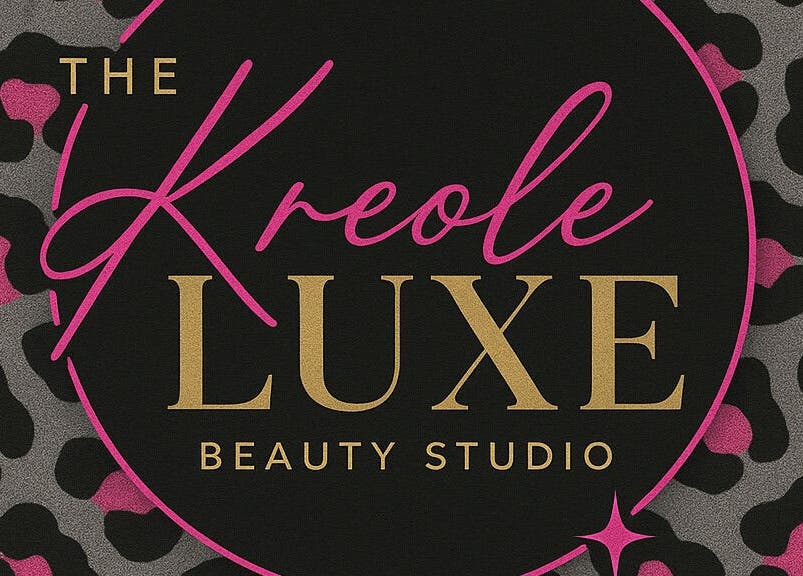 Kreole Luxe Beauty Studio logo with pink and gold on leopard print, Houston, Texas, US.