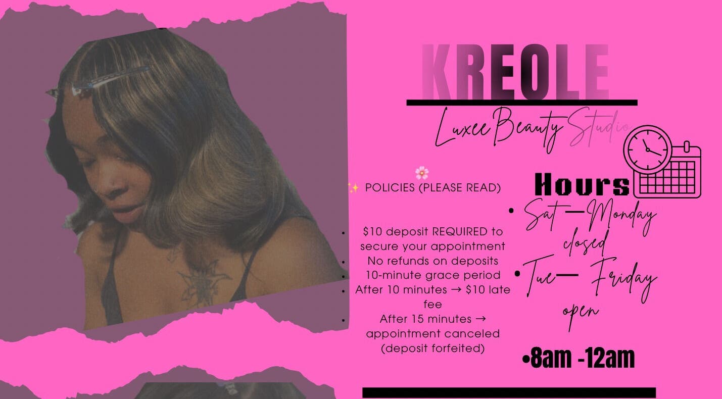 Kreole Luxe Beauty Studio promotional image showcasing services and policies in Houston, Texas, US.
