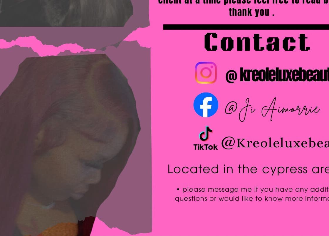 Social media details for Kreole Luxe Beauty Studio in Houston, Texas, US, on a vibrant backdrop.