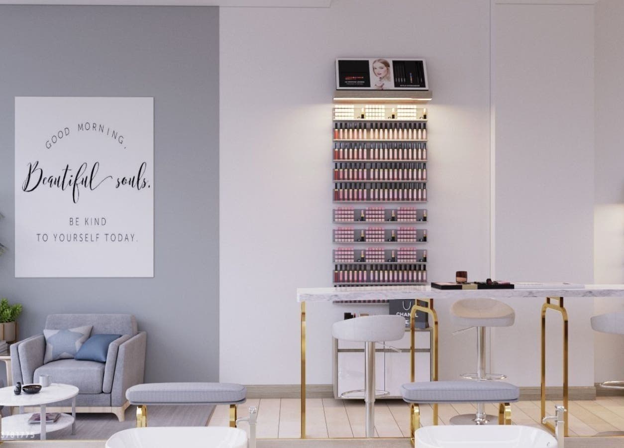 Relaxing lounge at Edric Spa in Hà Nội, VN with chic decor and makeup displays.