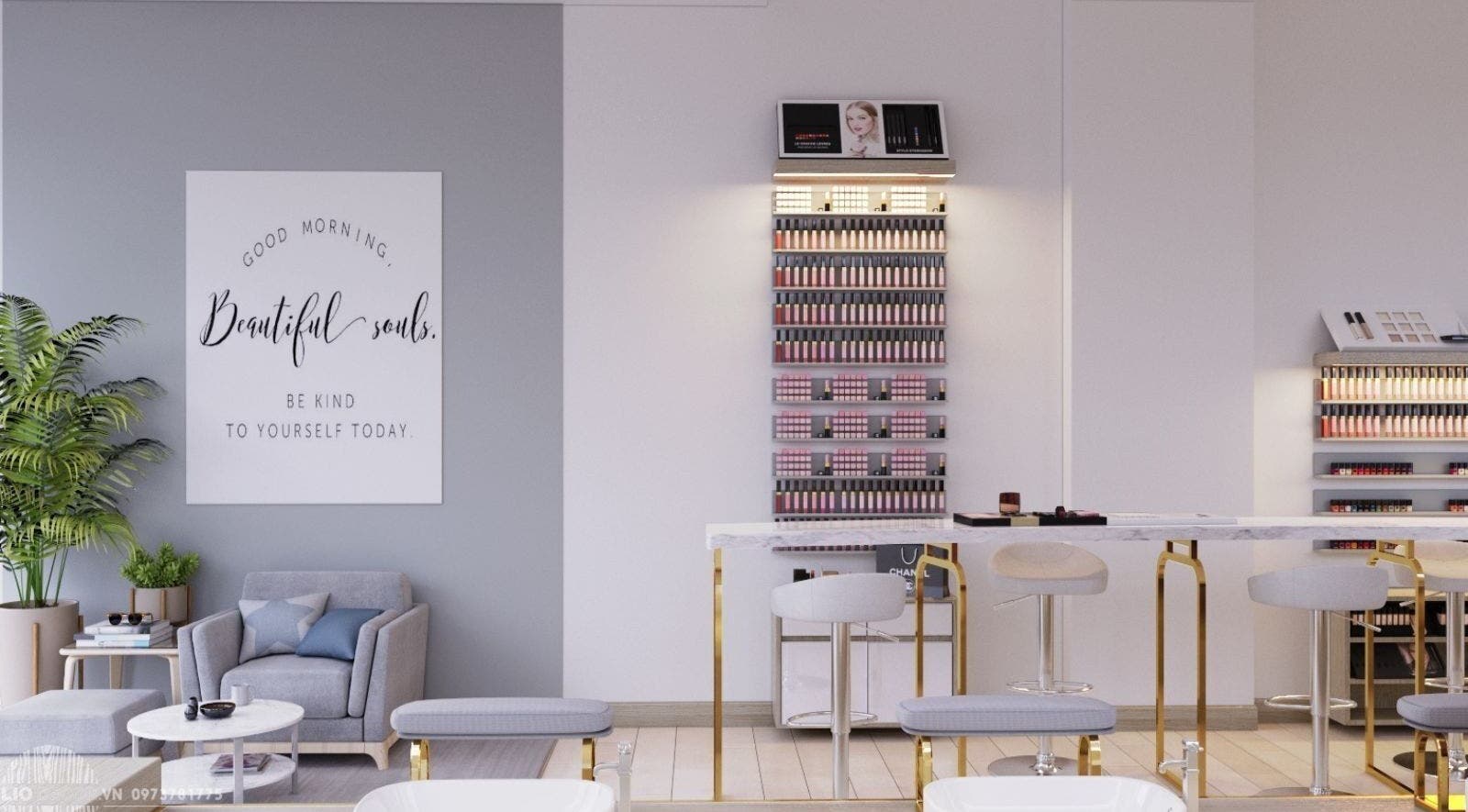 Relaxing lounge at Edric Spa in Hà Nội, VN with chic decor and makeup displays.