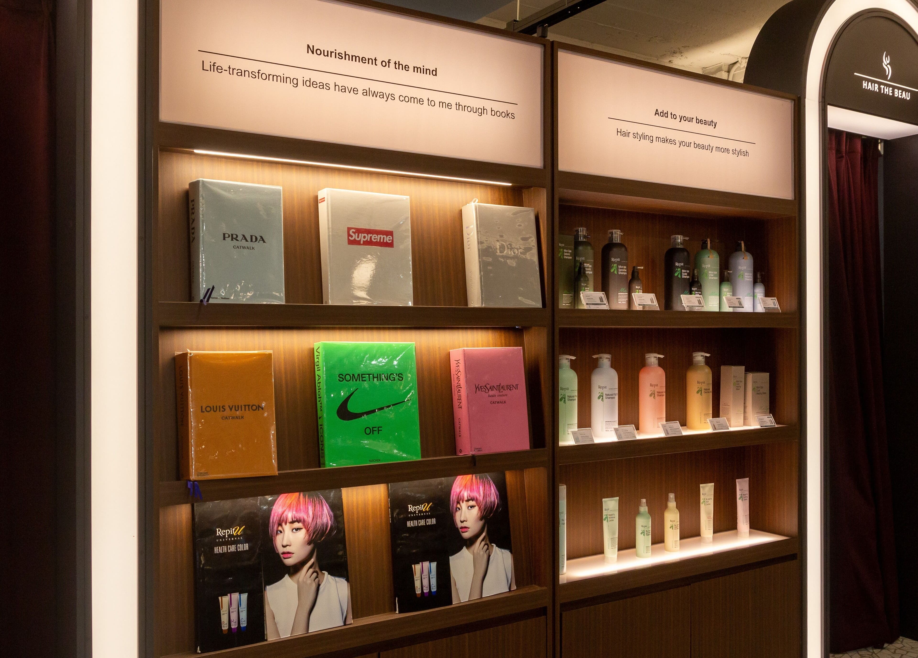 Stylish product shelves at HAIR THE BEAU GANGNAM, 서울특별시, 서울특별시, KR.