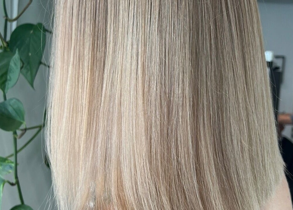 Smooth blonde hair treatment at Salon Transilvania in Cluj-napoca, Județul Cluj, RO with leafy decor.