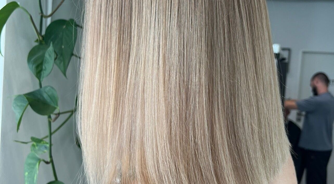 Smooth blonde hair treatment at Salon Transilvania in Cluj-napoca, Județul Cluj, RO with leafy decor.