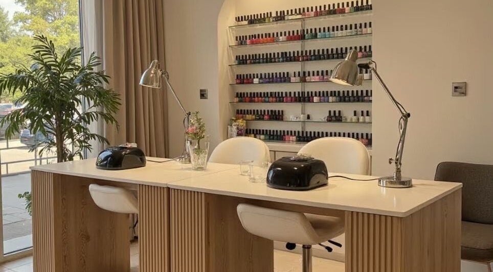 Modern nail bar at Haven Beaute, Jawa Timur, Jawa Timur, ID, featuring sleek decor and a wide range of nail colors.