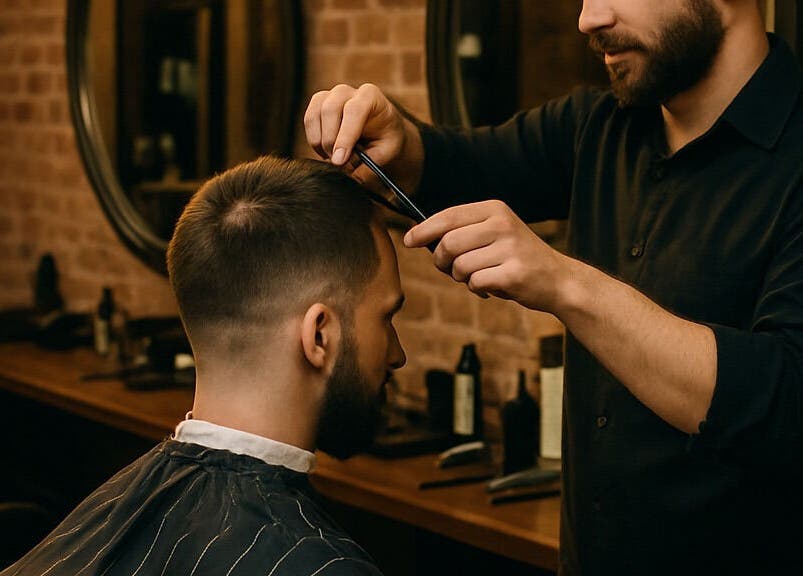 Kapper aan het werk bij Meester OBF in Amsterdam, Noord-Holland, NL, voor een nette herensnit.