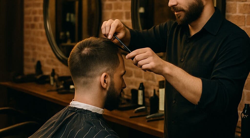 Kapper aan het werk bij Meester OBF in Amsterdam, Noord-Holland, NL, voor een nette herensnit.