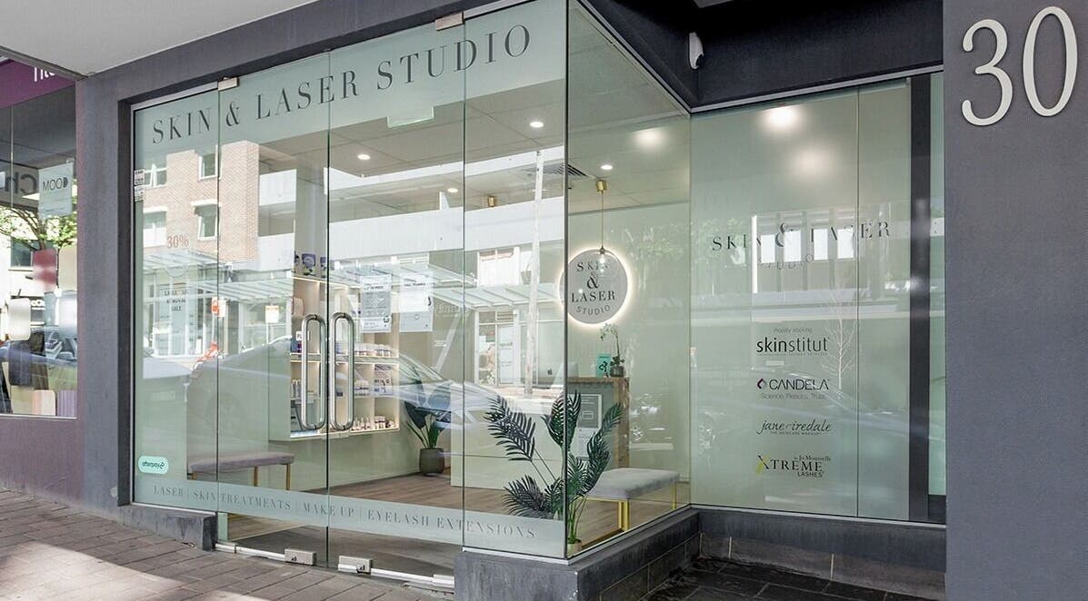Exterior of Skin and Laser Studio in St Leonards, New South Wales, AU with modern glass storefront.