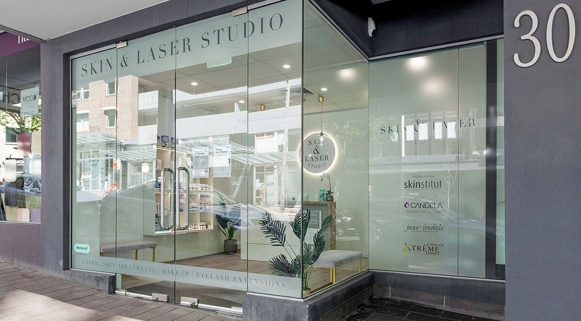 Exterior of Skin and Laser Studio in St Leonards, New South Wales, AU with modern glass storefront.