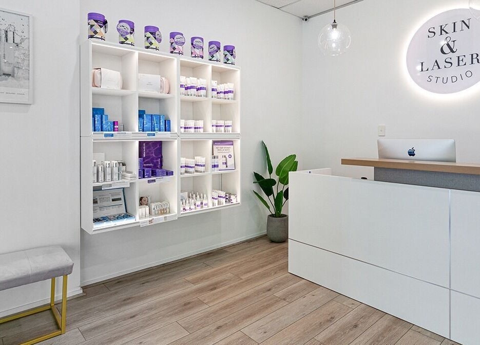 Skin and Laser Studio reception with product display in St Leonards, New South Wales, AU.