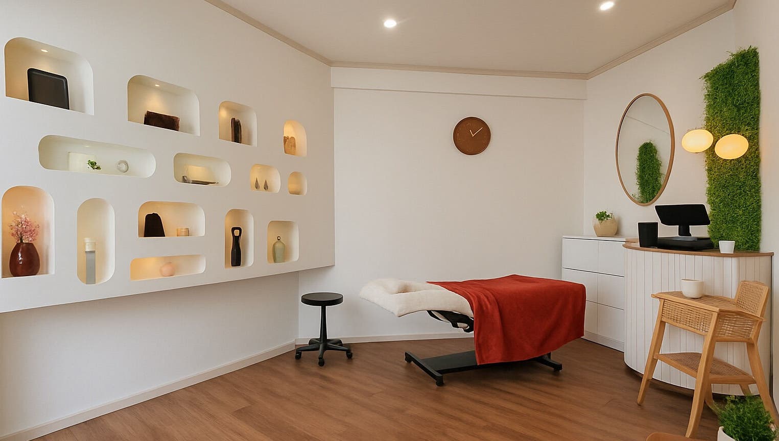 Salle de soins moderne et apaisante à BROWS & CARE, Perpignan, Occitanie, FR, avec une table de traitement.