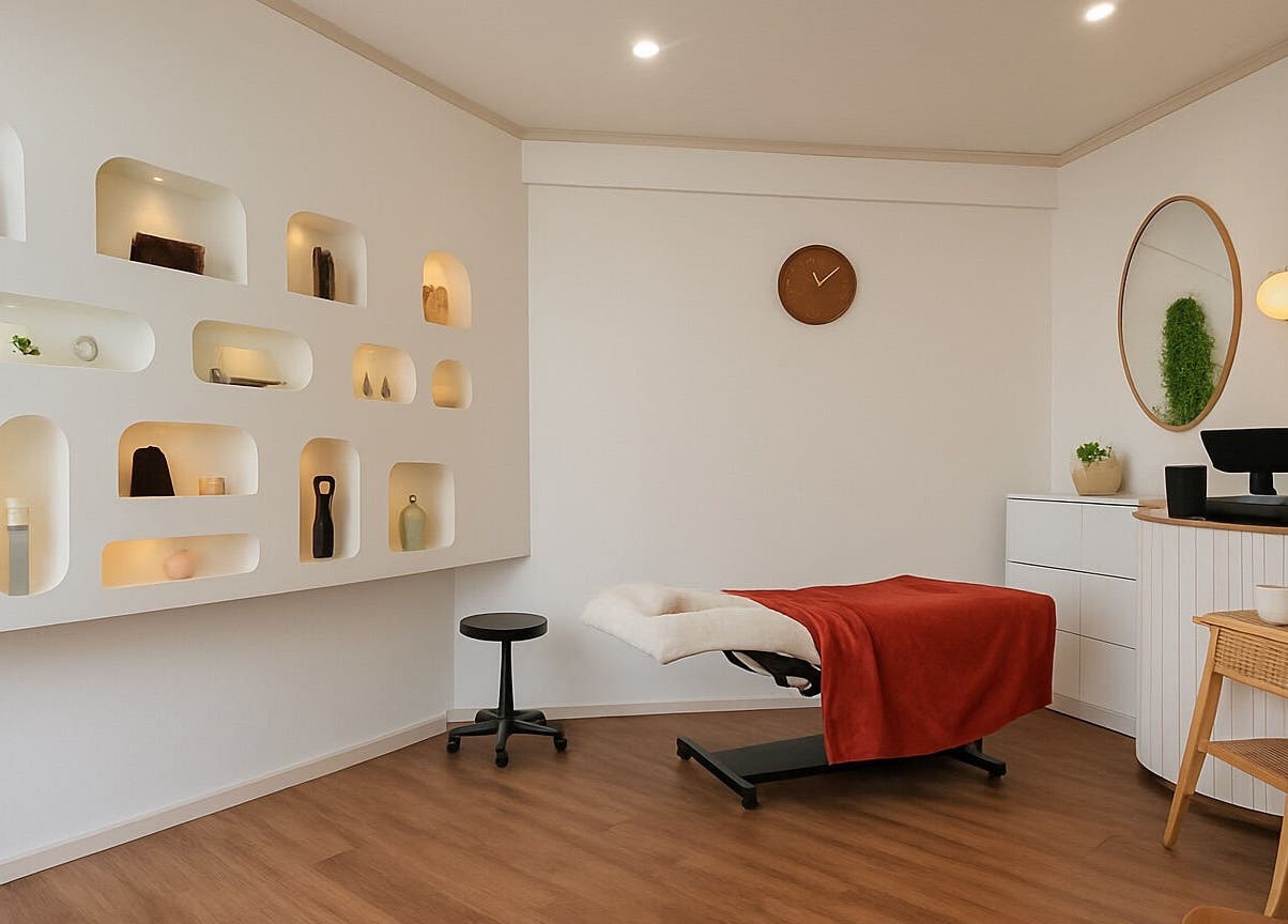 Salle de soins moderne et apaisante à BROWS & CARE, Perpignan, Occitanie, FR, avec une table de traitement.