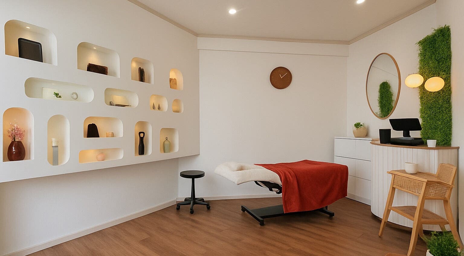 Salle de soins moderne chez BROWS & CARE, Perpignan, Occitanie, FR avec décor épuré et table de massage.