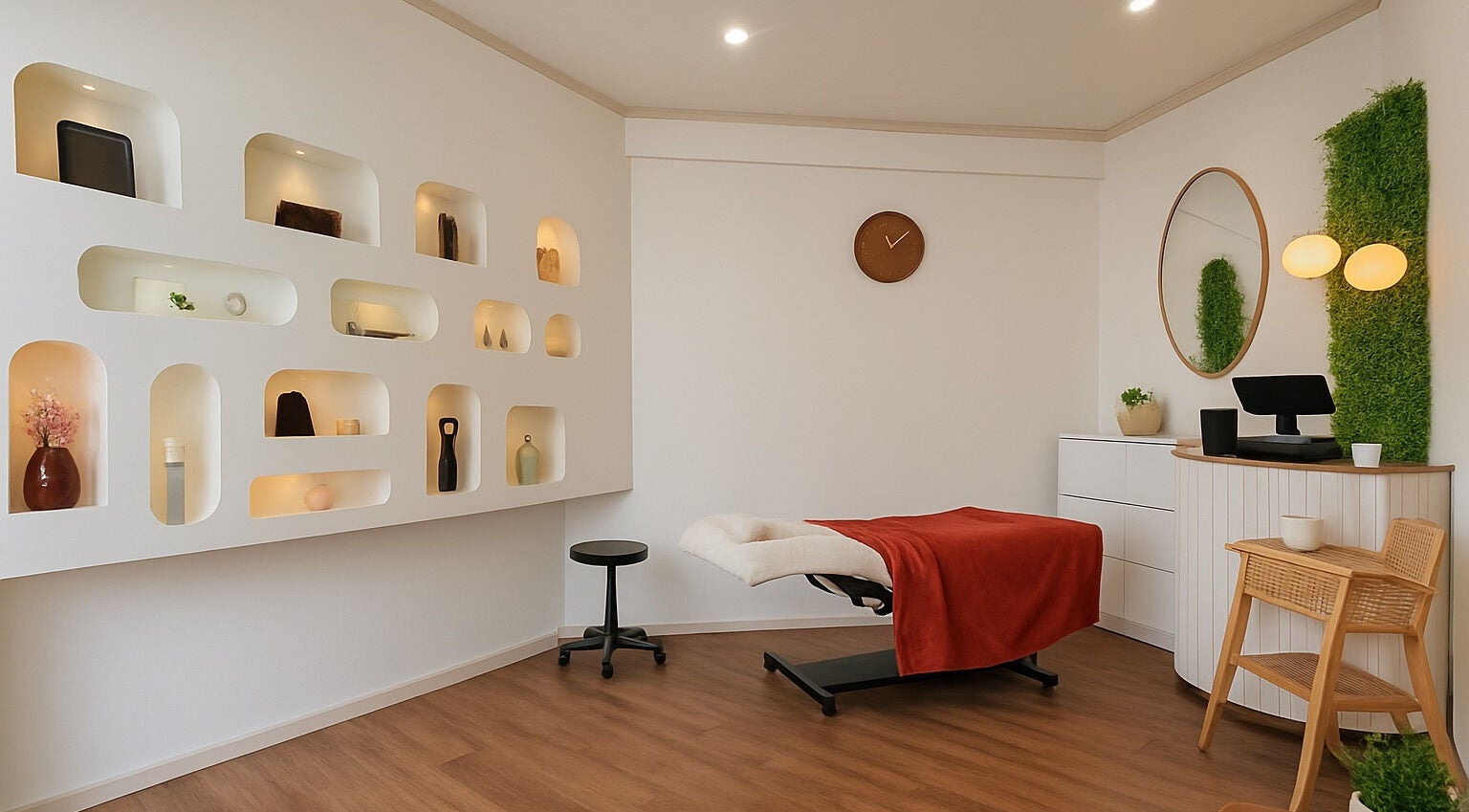 Salle de soins moderne chez BROWS & CARE, Perpignan, Occitanie, FR avec décor épuré et table de massage.