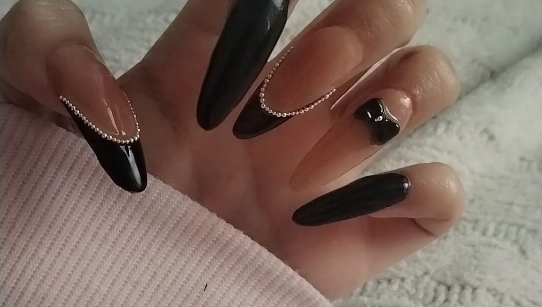 Elegant black and nude nail art with gems at Nails By Courtney, Cape Town, Western Cape, ZA.