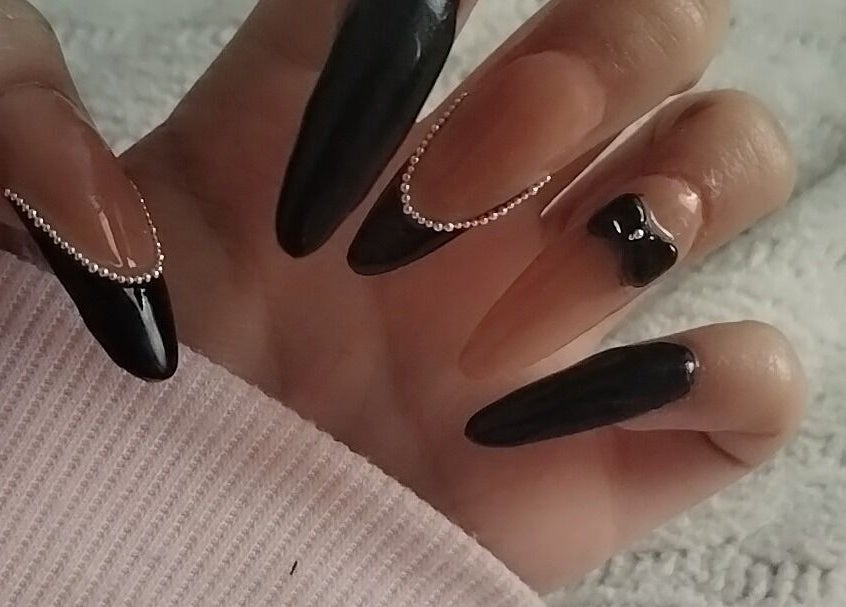 Elegant black and nude nail art with gems at Nails By Courtney, Cape Town, Western Cape, ZA.