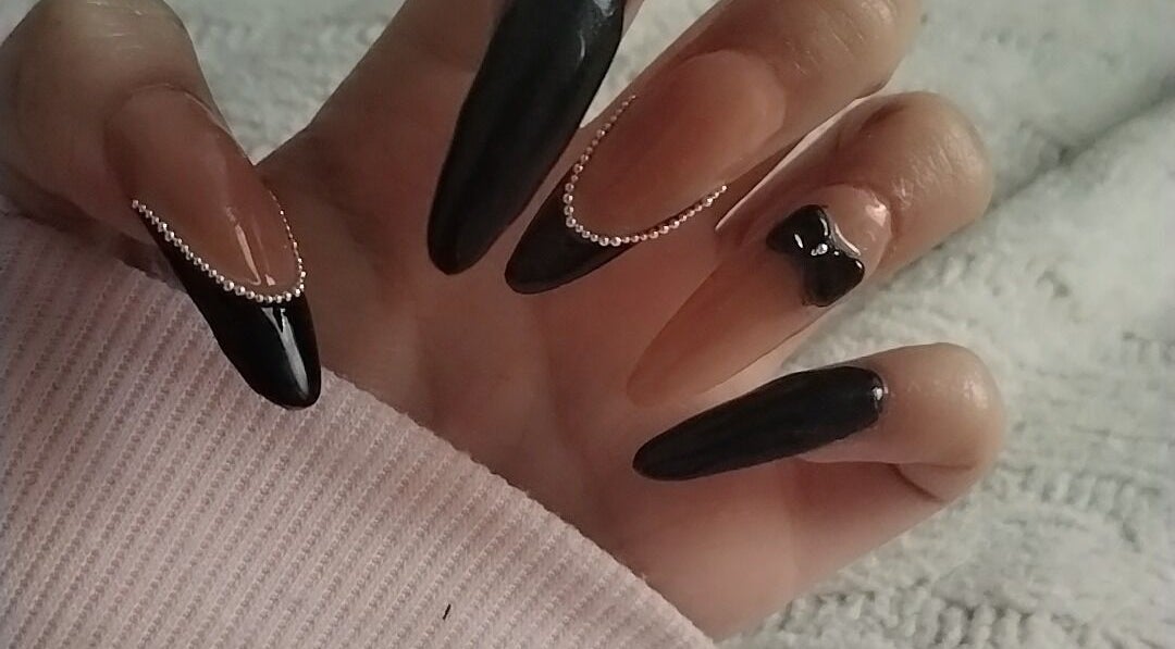 Elegant black and nude nail art with gems at Nails By Courtney, Cape Town, Western Cape, ZA.