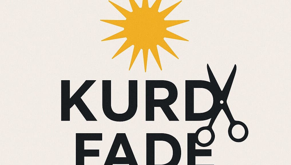 Kurd Fade logo with scissors and sunburst design in Manchester, England, GB.