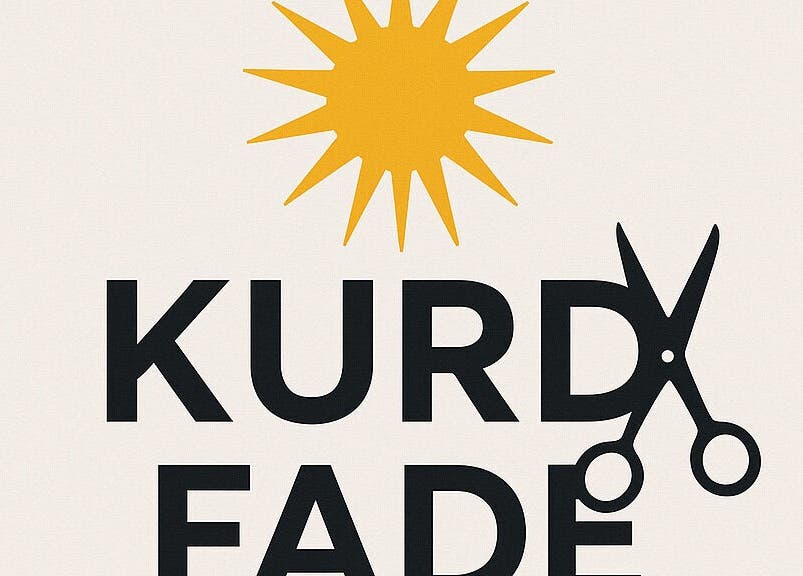 Logo of Kurd fade in Manchester, England, GB with yellow sun and scissors design.