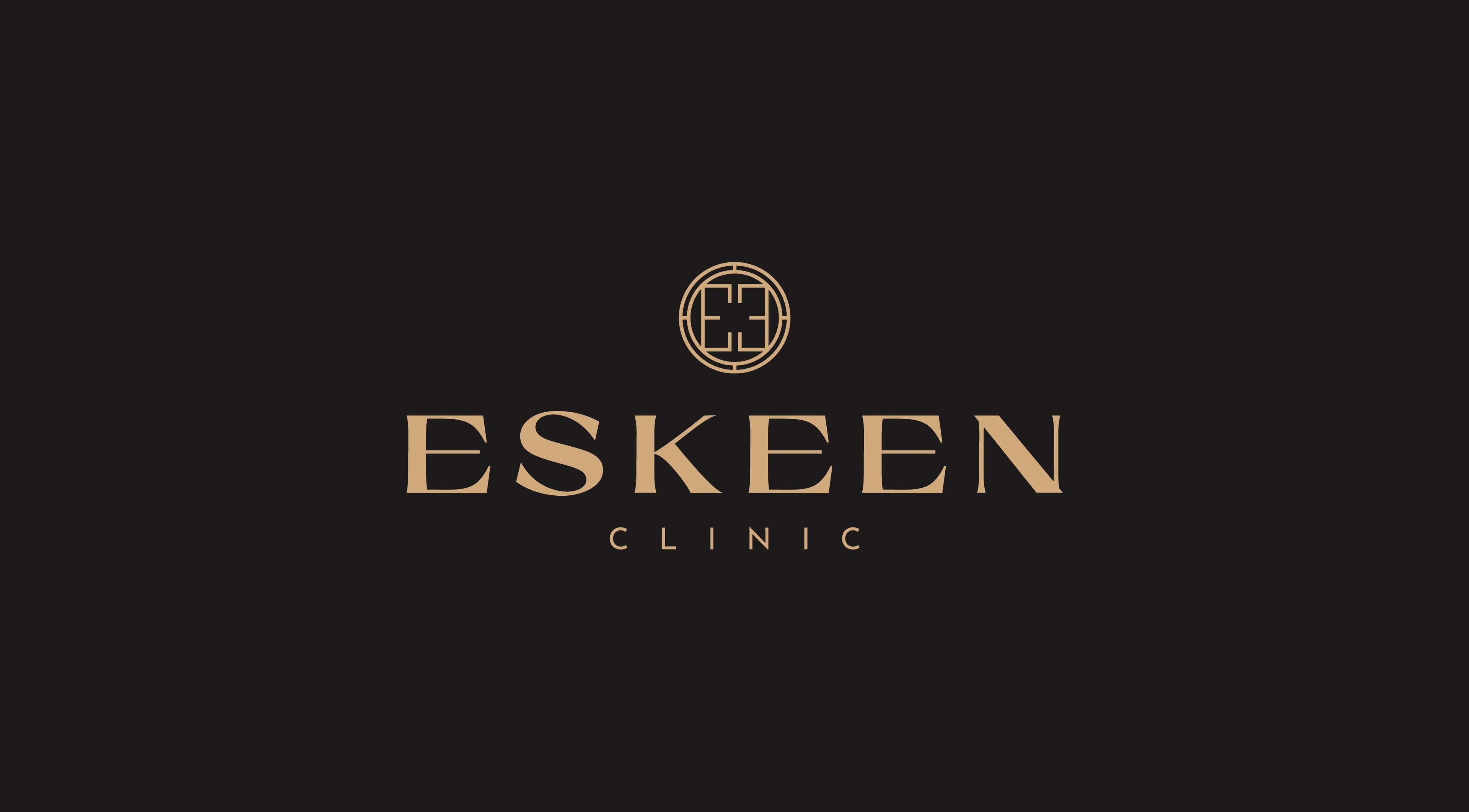 Eskeen Clinic logo in gold on black background, London, England, GB.
