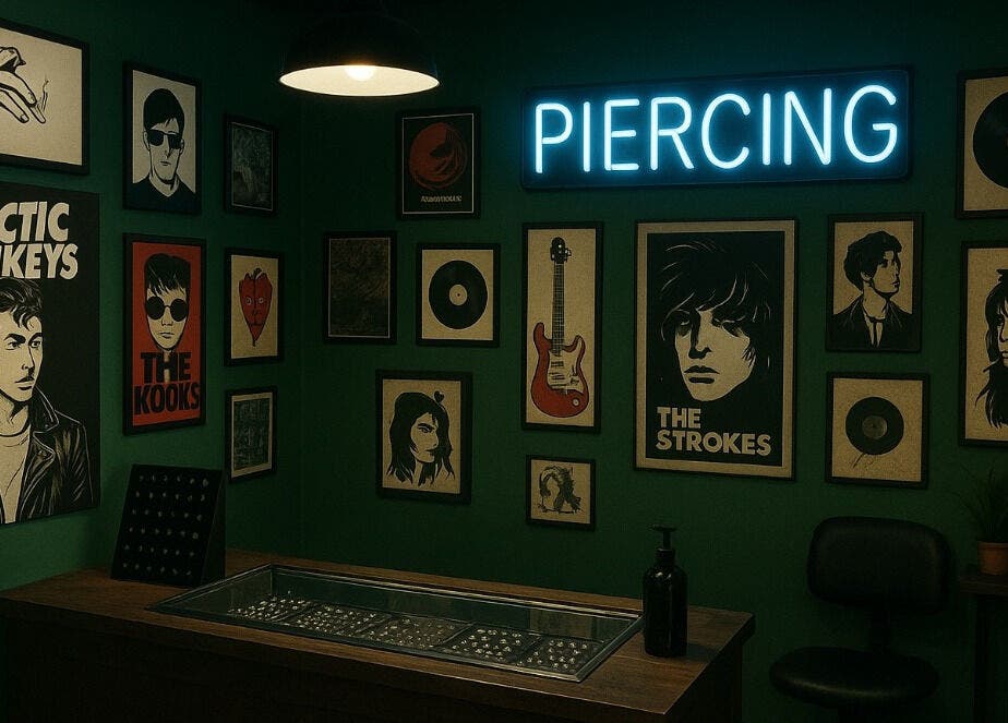 Intérieur artistique du salon de piercing de Vinihole's à FR avec affiches vibrantes.