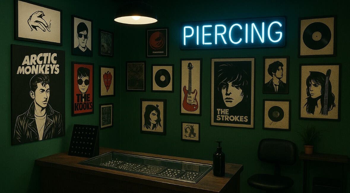 Intérieur artistique du salon de piercing de Vinihole's à FR avec affiches vibrantes.