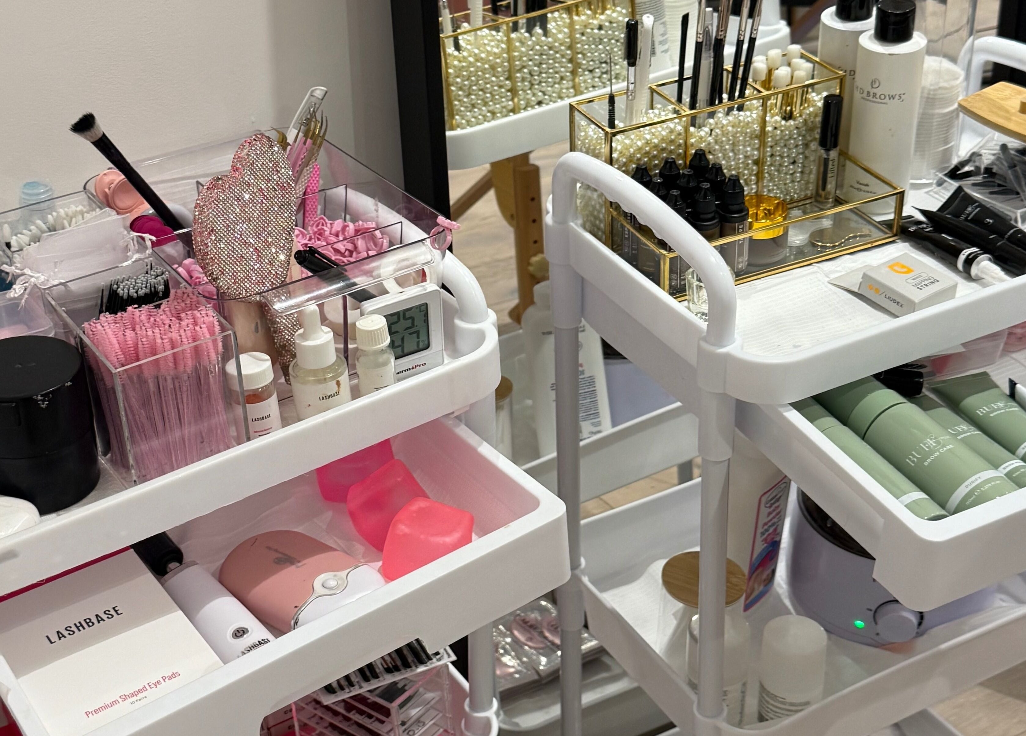 Cosmetic supplies at Sara’s Beauty Bar, Isleworth, England, GB showcasing beauty tools and products.