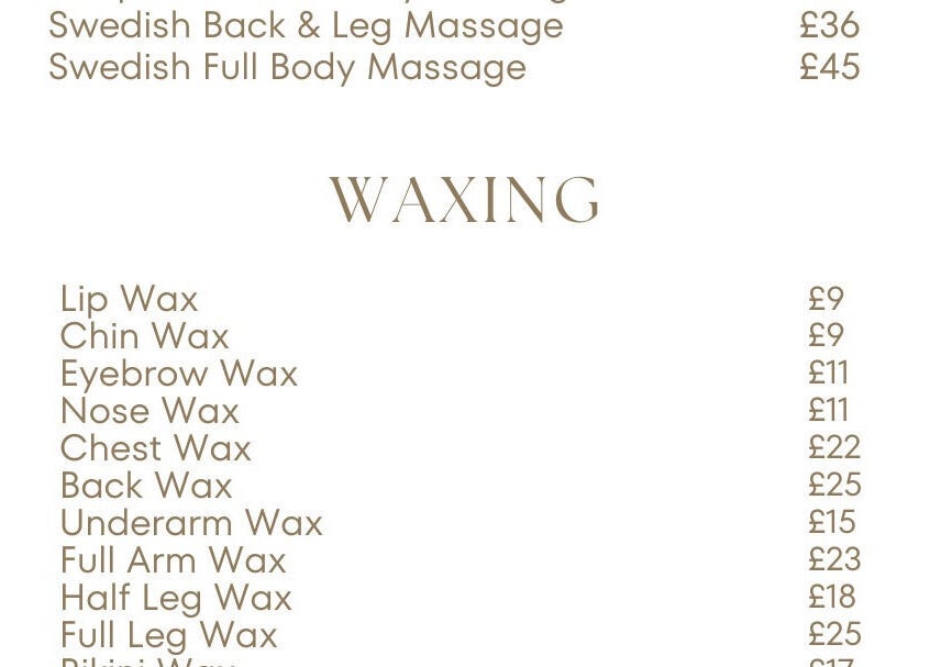 Beauty and wellness service menu at EB Beauty, Newbury, England, GB, detailing massage and waxing services.