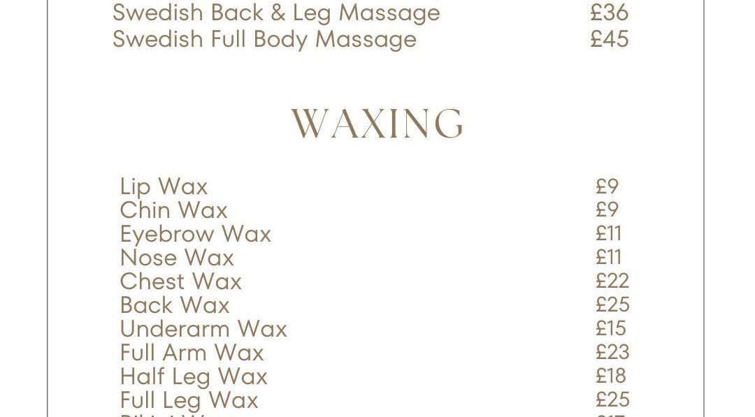 Beauty and wellness service menu at EB Beauty, Newbury, England, GB, detailing massage and waxing services.