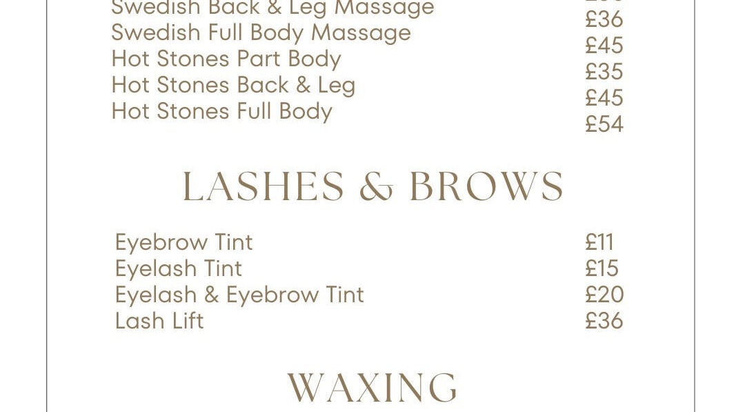 Service menu showing massage and lash prices at EB Beauty in Newbury, England, GB.