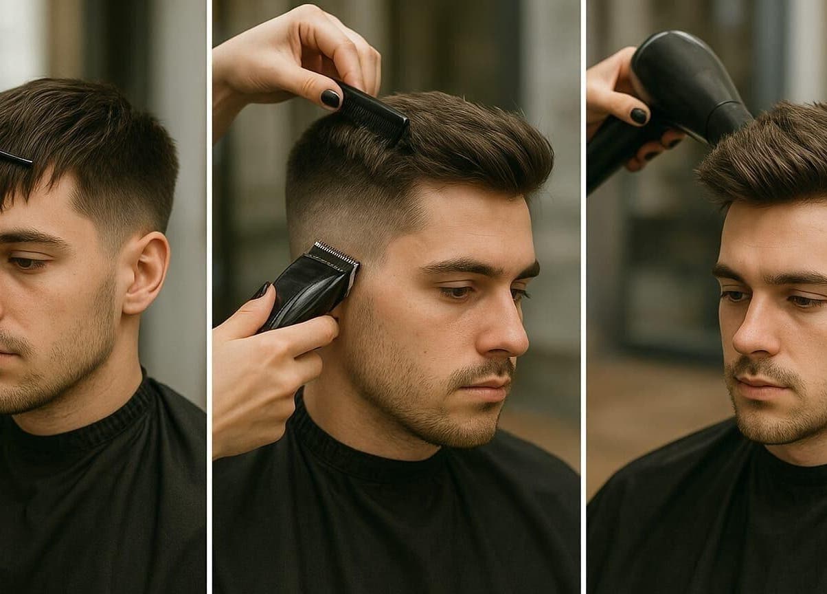 Professional men's haircut at KESALZ LLC in San Jose, California, US, showing styling and grooming process.