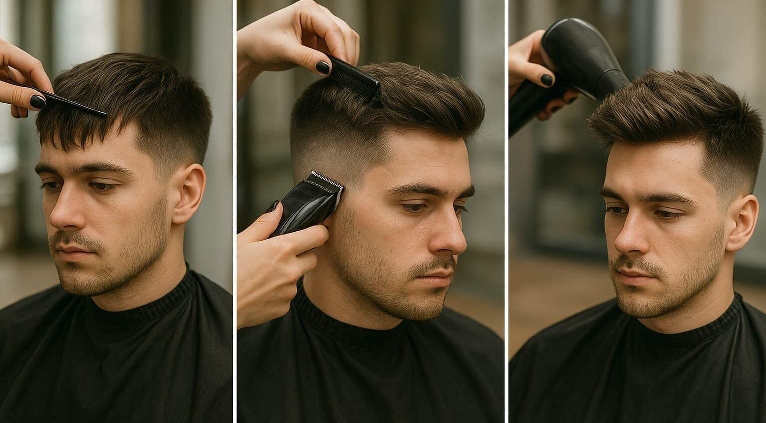 Professional men's haircut at KESALZ LLC in San Jose, California, US, showing styling and grooming process.