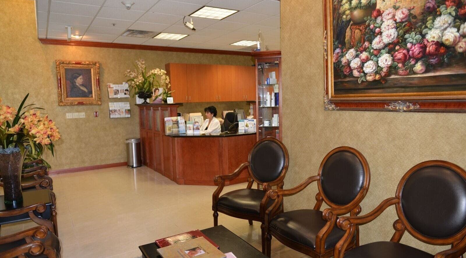 Elegant lobby at KESALZ LLC, showcasing plush seating and floral decor in San Jose, California, US.