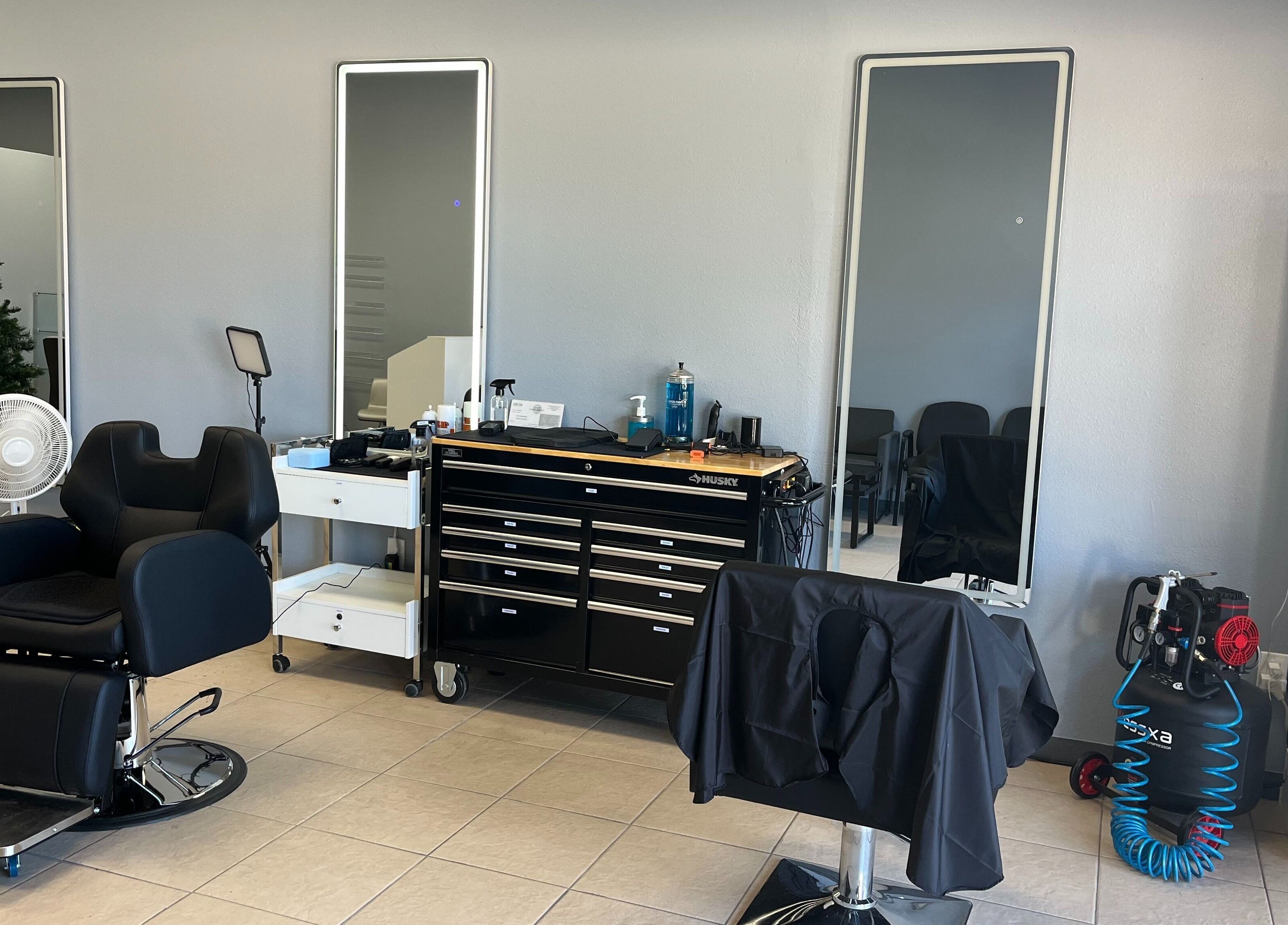 Modern salon chair and equipment at BEST CUTS, Wildomar, California, US, showcasing a sleek, professional setup.